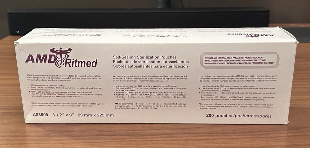 Box of 200 AMD Ritmed Self-Sealing Sterilization Pouches 3.5” x 9” A83509